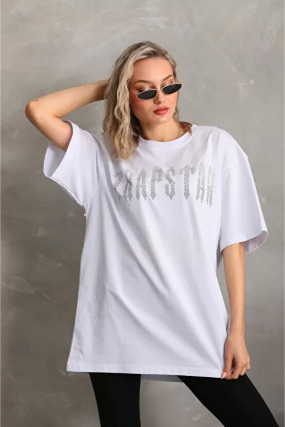 Unisex Taş Desenli Oversize Thirt Beyaz