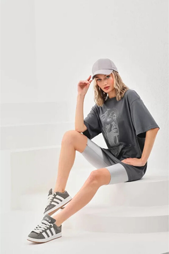 MDB Unisex Taş Desenli Oversize Thirt Füme