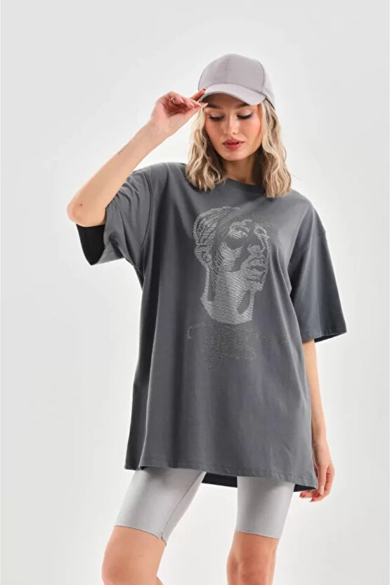 MDB Unisex Taş Desenli Oversize Thirt Füme
