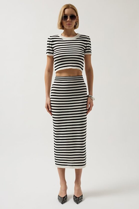 Çizgili Midi Dokulu Etek