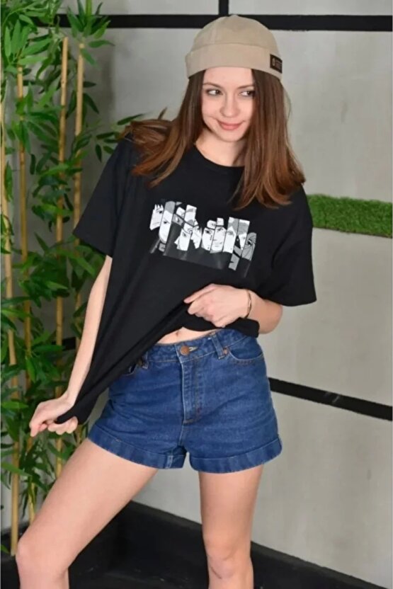 Unisex Bisiklet Yaka Baskılı Oversize Thirt  iyah