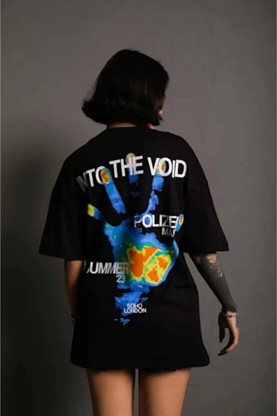 Unisex Bisiklet Yaka Baskılı Oversize Thirt  iyah