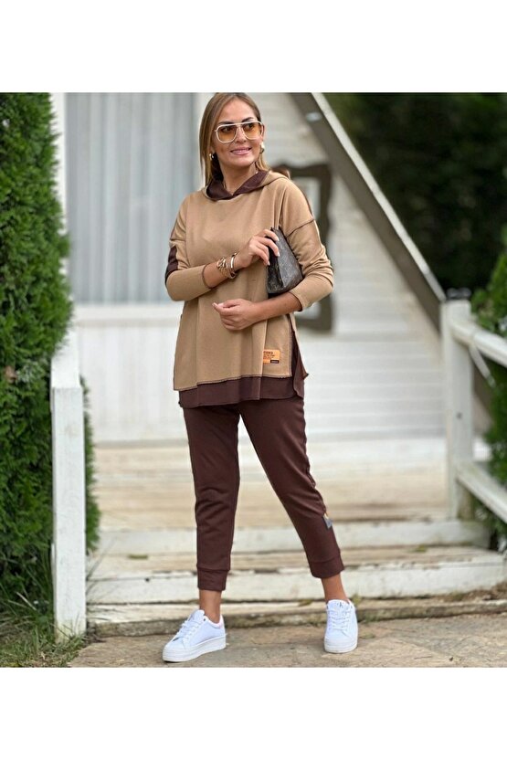 Kadın Kahve Kapşonlu Etek Ucu Detay Arma Ters Dikiş Gorunumlu Ikili Takım