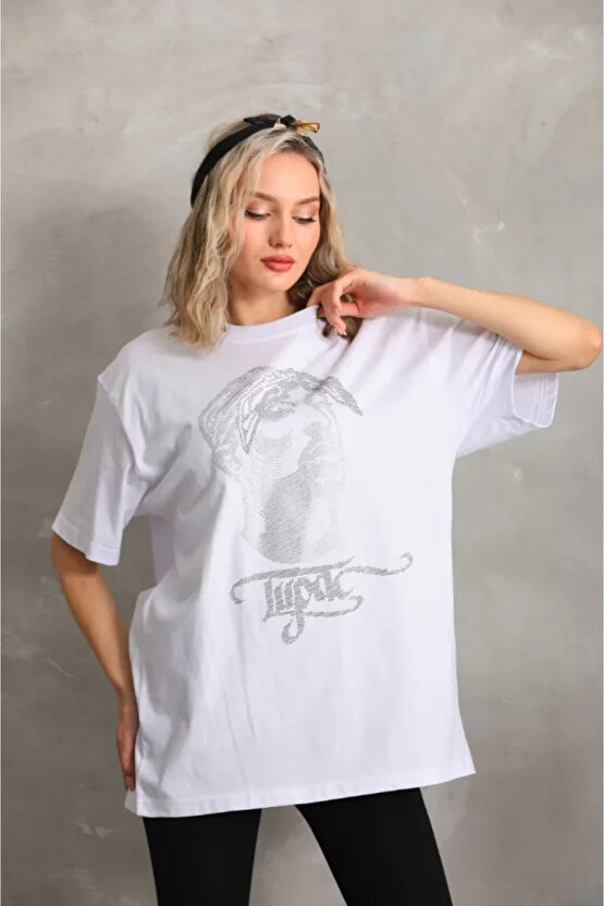 Unisex Taş Desenli Oversize Thirt Beyaz