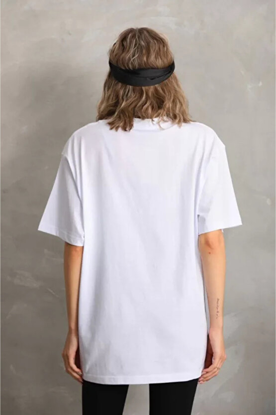 MDB Unisex Taş Desenli Oversize Thirt Beyaz