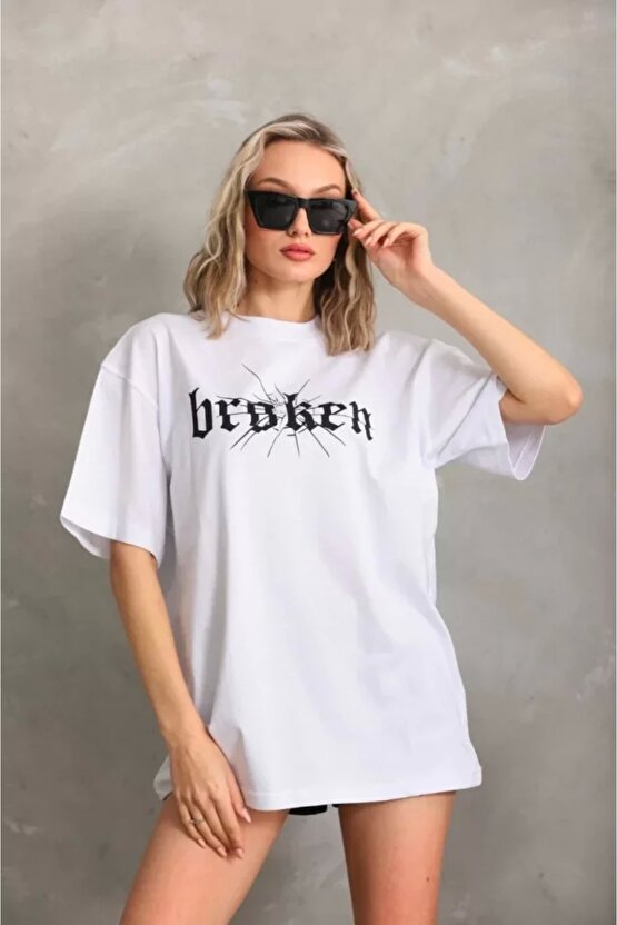 Unisex Baskılı Oversize Thirt  Beyaz