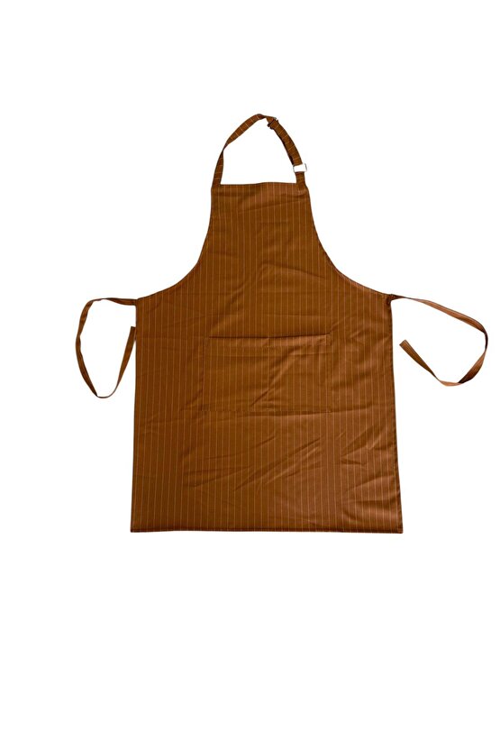 Mutfak Önlüğü Garson Aşçı Şef Servis Boydan Askılı Cepli Unisex Hardal Sarısına Beyaz Çizgili