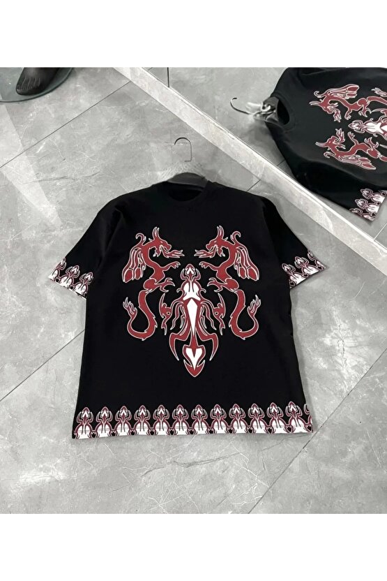 Unisex Bisiklet Yaka Baskılı Oversize Thirt iyah