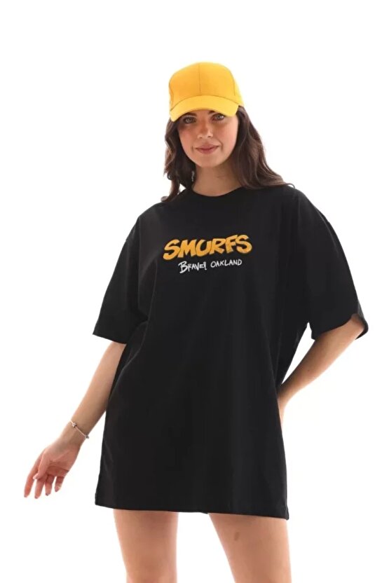 Unisex Bisiklet Yaka Baskılı Oversize Thirt  iyah