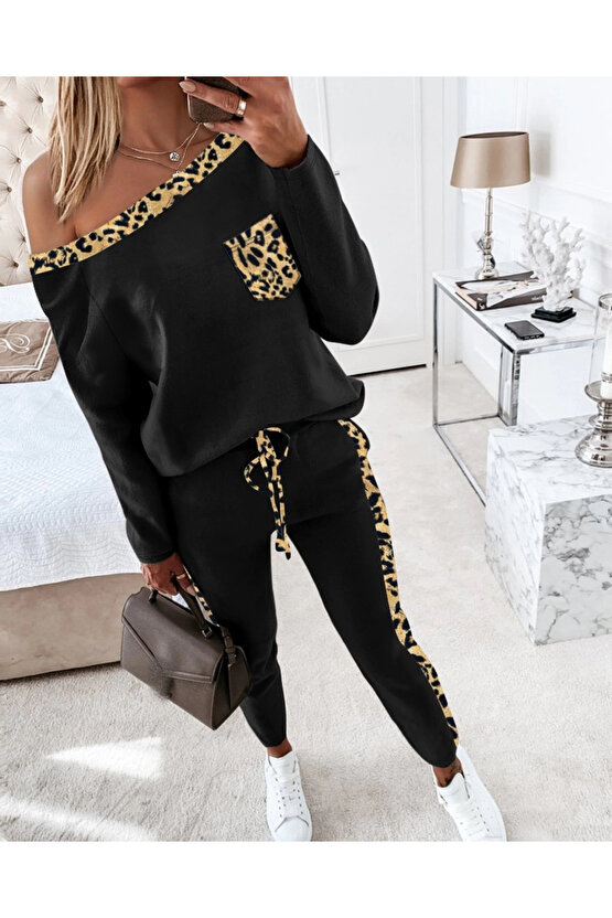 MDB Kadın Uzun Kollu Leopar Detay Viskon Iki Iplik Ikili Takım