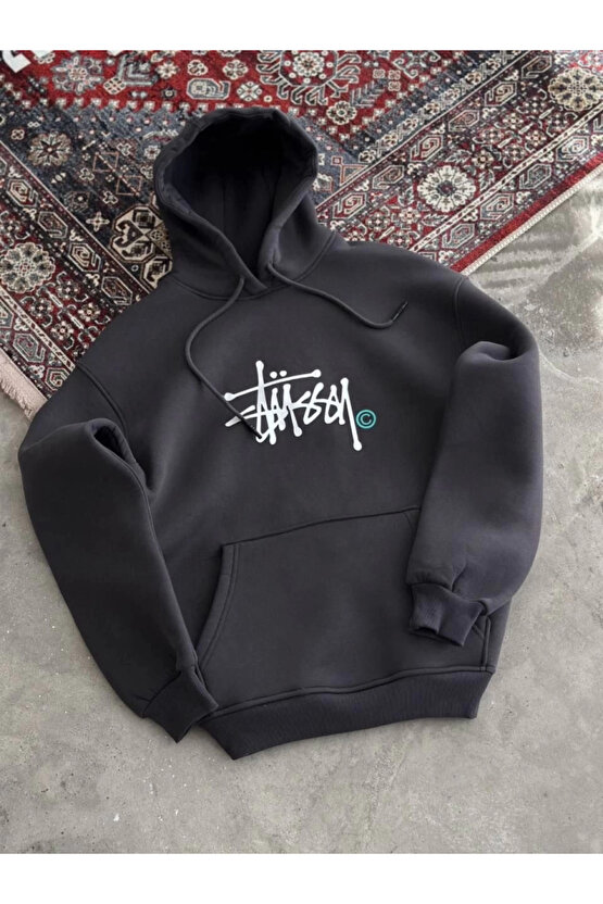 MDB Üç İplik Kapşonlu Baskılı weathirt Füme