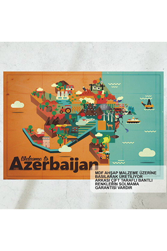 azerbeycana hoşgeldiniz turistik kültürel azerbeycan haritası retro ahşap poster tablo