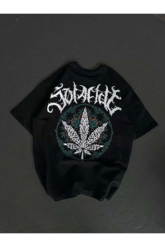 Unisex Bisiklet Yaka Baskılı Oversize Thirt  iyah