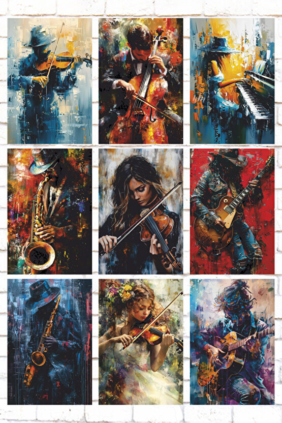9 Parça Karışık Ahşap Tablo Seti yağlıboya müzisyenler müzik enstrümanları ahşap posterleri seti
