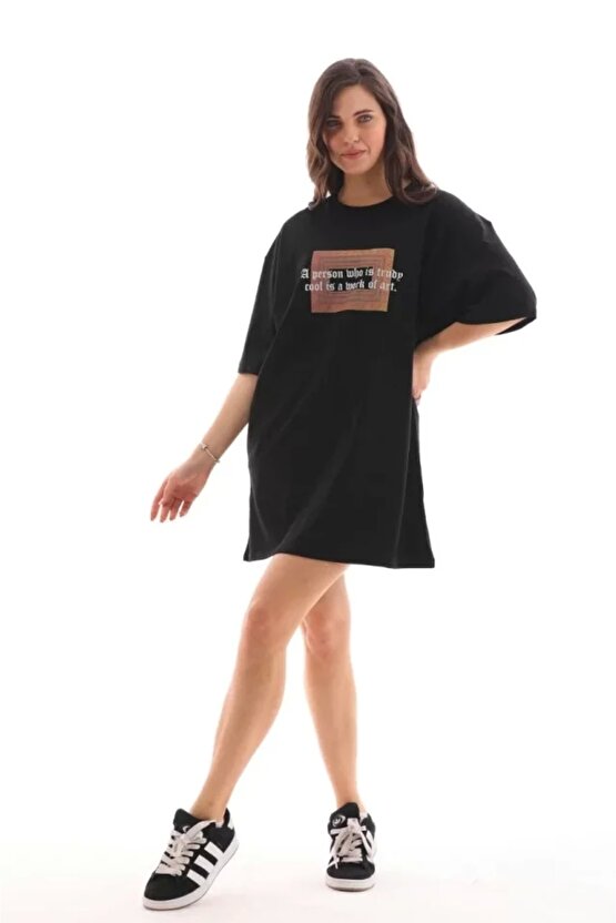 Unisex Bisiklet Yaka Baskılı Oversize Thirt  iyah