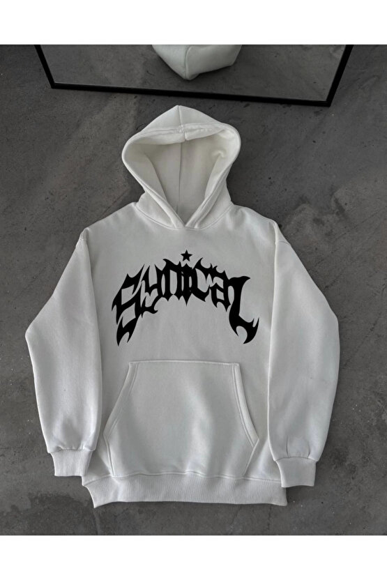 Üç İplik Kapşonlu Baskılı Oversize SweatShirt- Beyaz