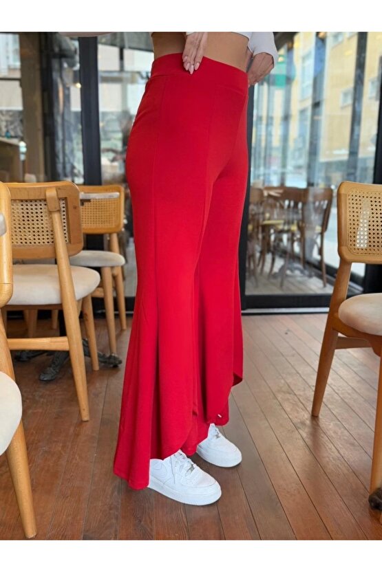 Kadın Yüksek Bel önden Arkaya Uzanan Volanlı Paçalı Janjan Krep Pantolon
