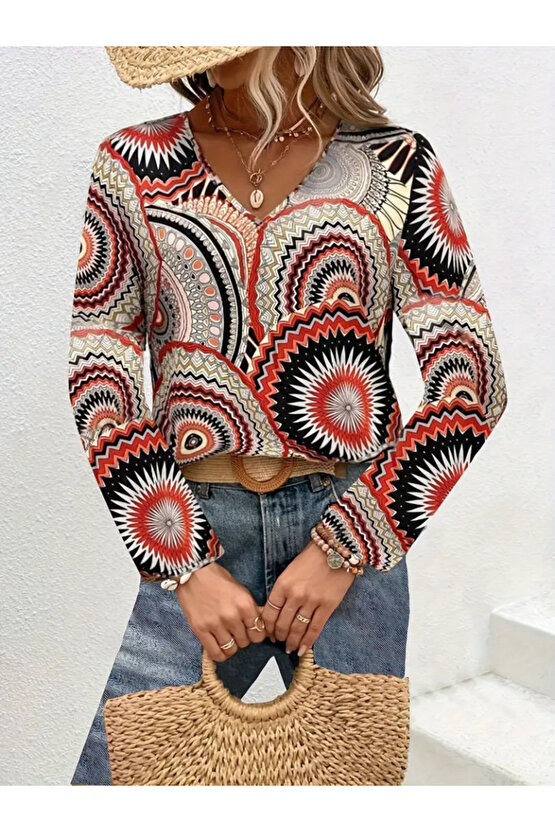 Gökyüzü Moda Kadın Uzun Kollu V Yakalı Desenli Süprem Bluz