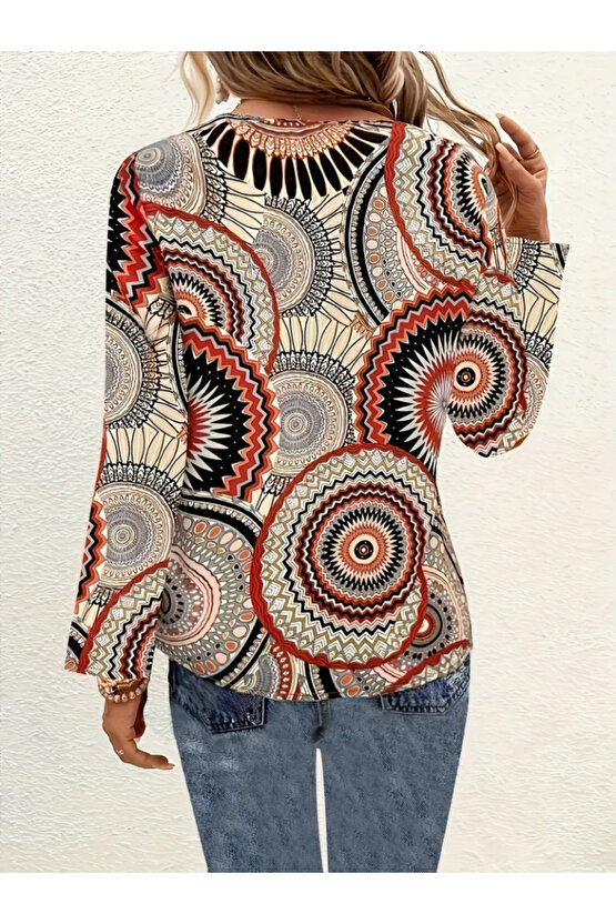 Gökyüzü Moda Kadın Uzun Kollu V Yakalı Desenli Süprem Bluz