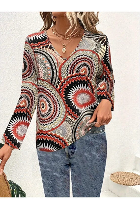 Gökyüzü Moda Kadın Uzun Kollu V Yakalı Desenli Süprem Bluz
