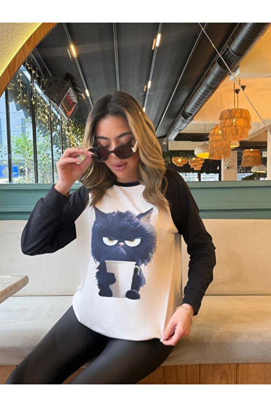 eyesof Kadın Uzun Kollu Bisiklet Yaka Kedi Baskılı şardonlu Dalgıç Bluz