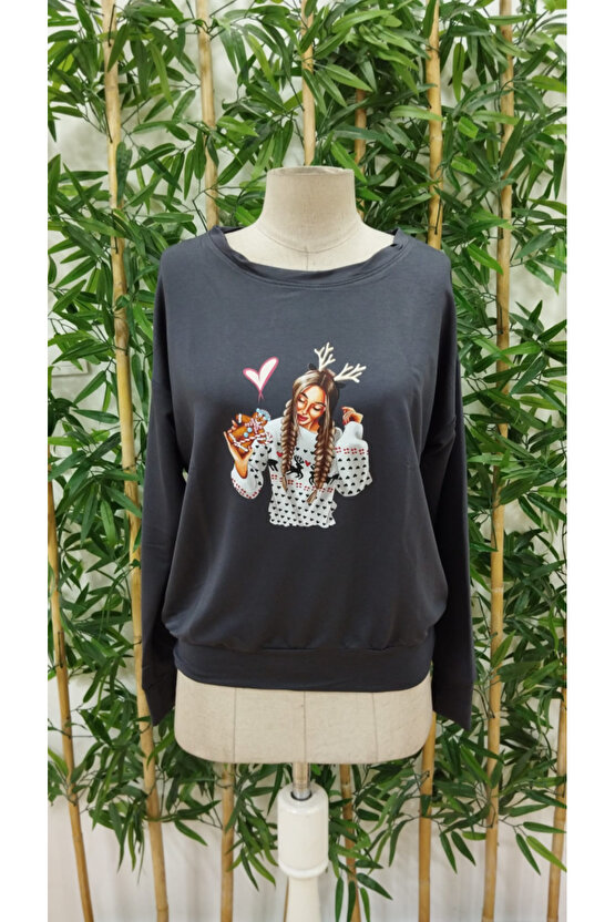 Gökyüzü Moda Kadın Yılbaşı özel Uzun Kollu Bisiklet Yaka Desenli Viskon Iki Iplik Bluz