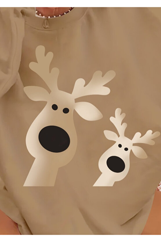 Kadın Uzun Kollu Bisiklet Yaka Geyik Desenli Viskon Iki Iplik Bluz