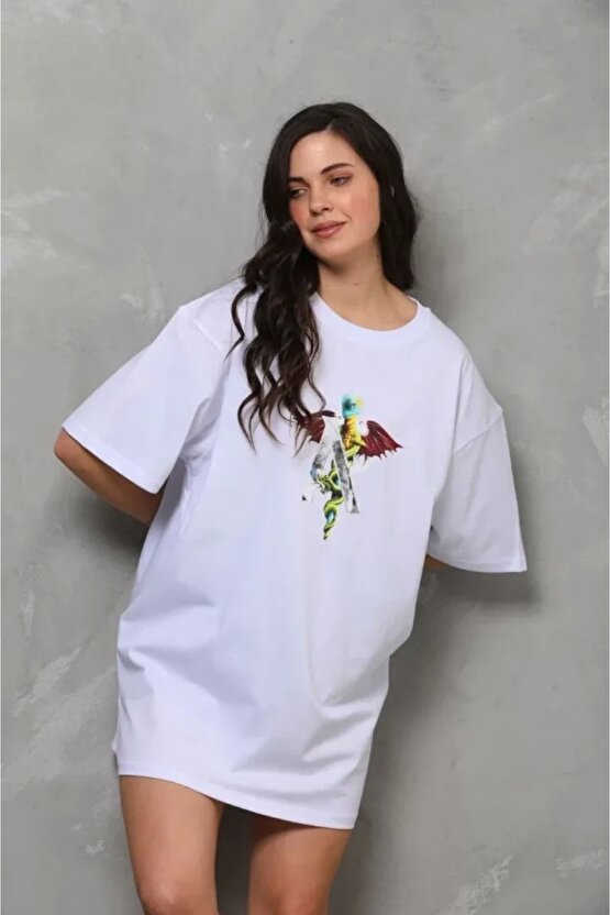 Unisex Bisiklet Yaka Baskılı Oversize Thirt  Beyaz