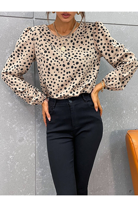 Gökyüzü Moda Kadın Uzun Kollu Bisiklet Yaka Desenli Bluz