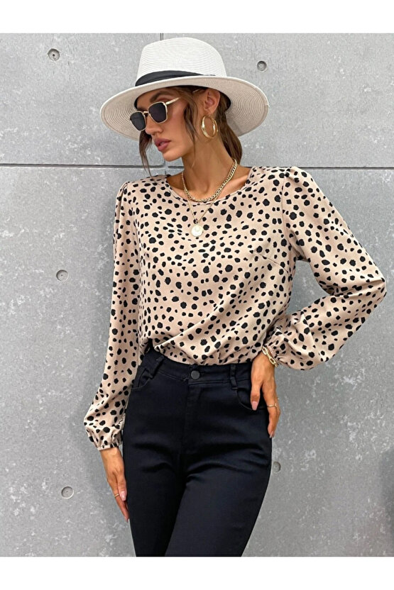 Gökyüzü Moda Kadın Uzun Kollu Bisiklet Yaka Desenli Bluz