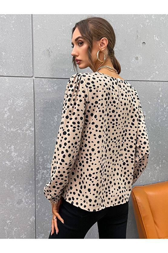 Gökyüzü Moda Kadın Uzun Kollu Bisiklet Yaka Desenli Bluz