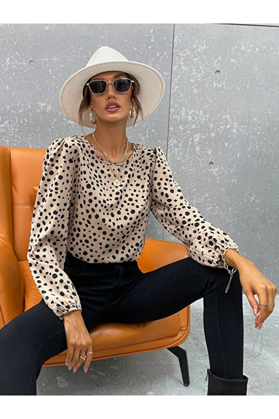 Gökyüzü Moda Kadın Uzun Kollu Bisiklet Yaka Desenli Bluz