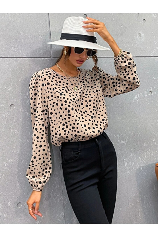 Gökyüzü Moda Kadın Uzun Kollu Bisiklet Yaka Desenli Bluz