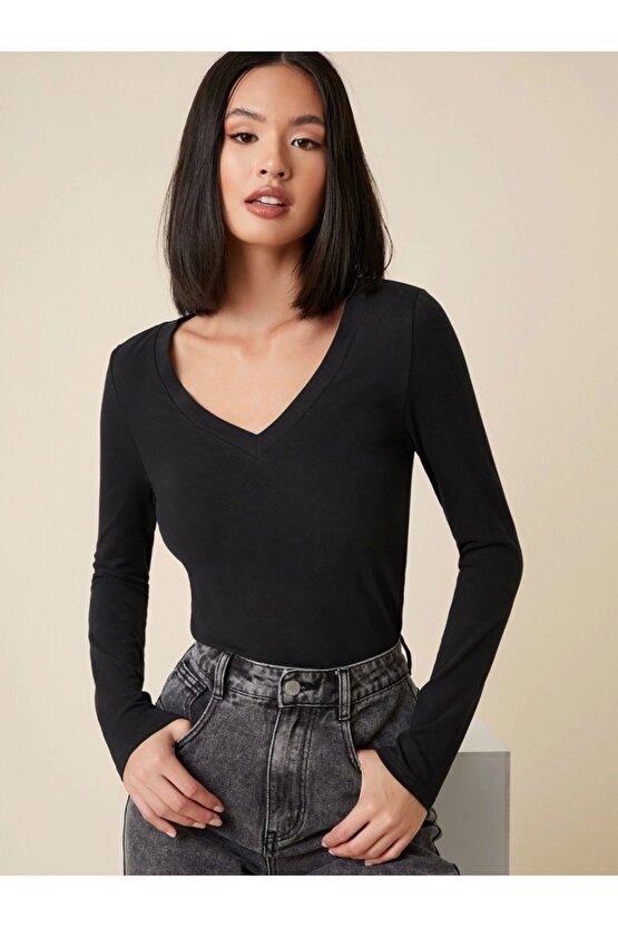 Kadın iyah V Yaka Uzun Kollu Bluz