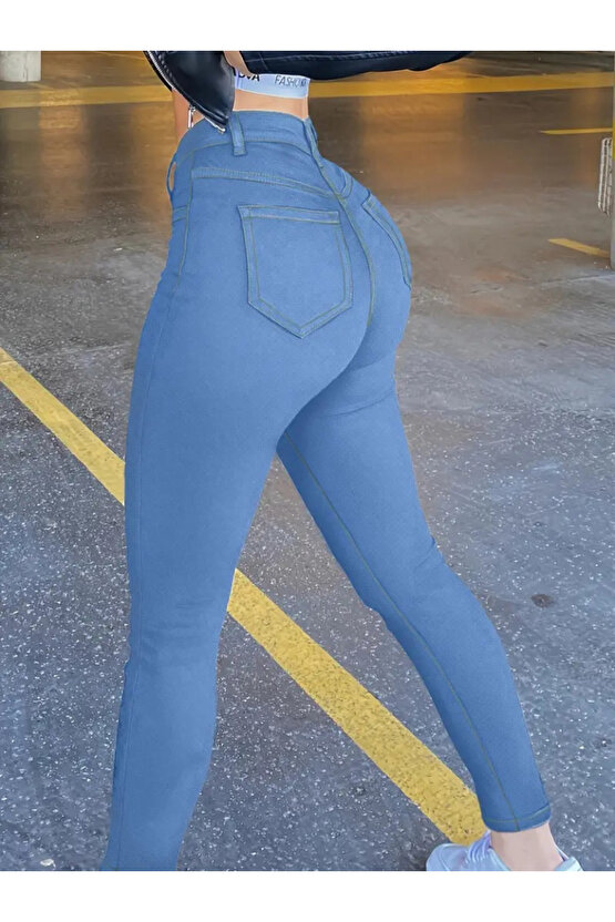 Gökyüzü Moda Kadın Yüksek Bel önden Düğmeli Dar Kesim Kot Pantolon