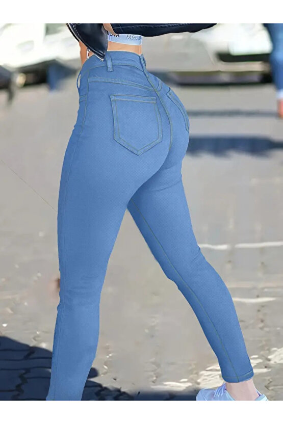 Gökyüzü Moda Kadın Yüksek Bel önden Düğmeli Dar Kesim Kot Pantolon