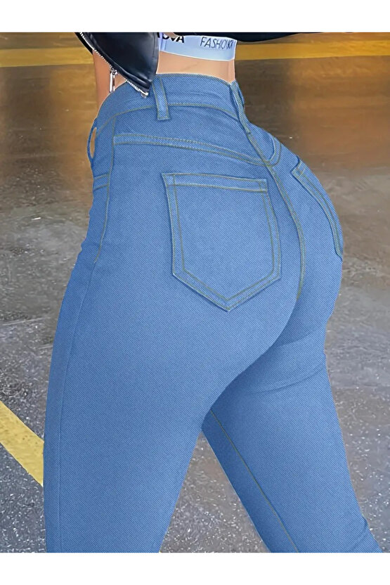 Gökyüzü Moda Kadın Yüksek Bel önden Düğmeli Dar Kesim Kot Pantolon