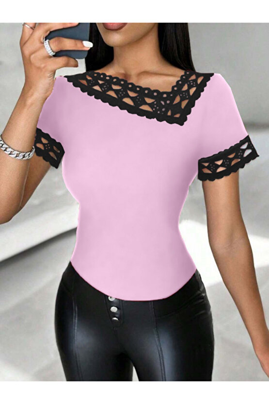 eyesof Kadın Kısa Kollu Dantel Yaka Viskon Bluz