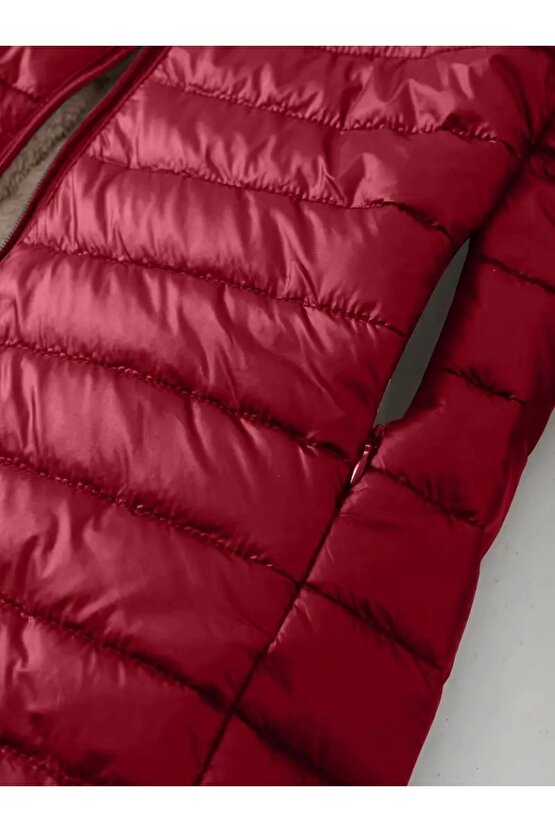 Kadın Uzun Kollu Kapşonlu Cep Detaylı Fermuarlı Orta Boy Mont