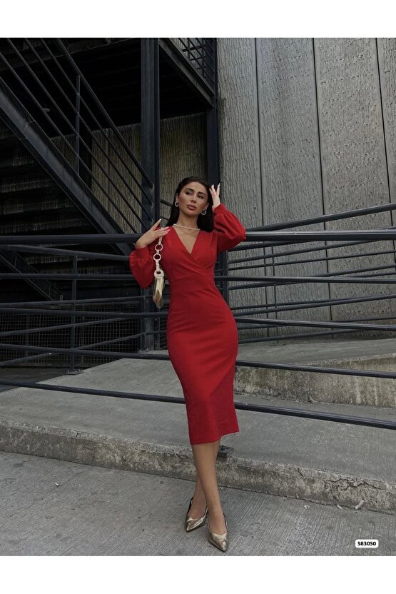 Kadın Kruvaze Yaka Balon Kol imli Krep Kumaş idi Boy Elbise