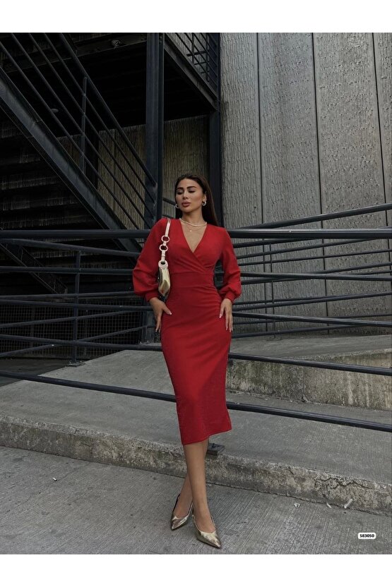 Kadın Kruvaze Yaka Balon Kol imli Krep Kumaş idi Boy Elbise