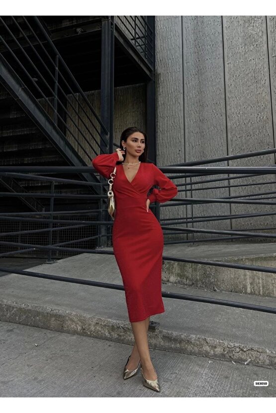 Kadın Kruvaze Yaka Balon Kol imli Krep Kumaş idi Boy Elbise