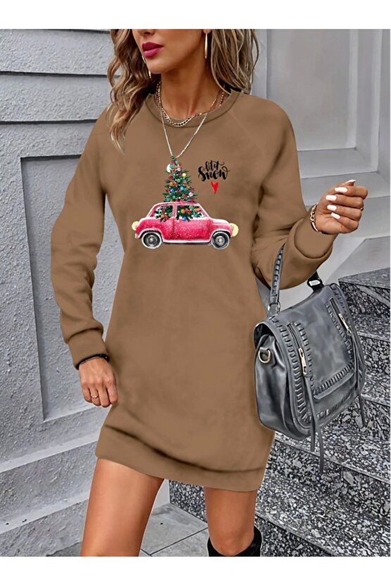 Kadın Uzun Kollu Bisiklet Yaka Desenli Viskon Iki Iplik Elbise