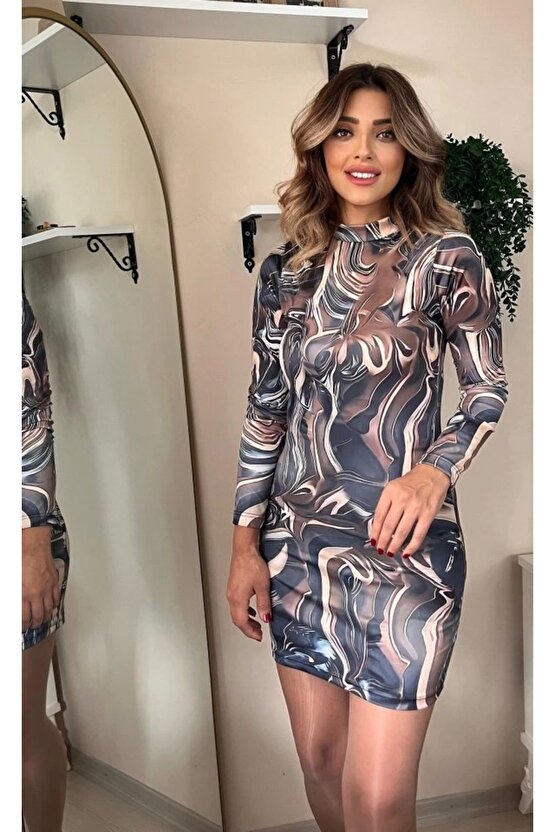 Kadın Uzun Kollu Balıkçı Yaka Desenli Dalgıç Elbise