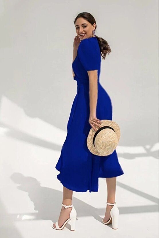 eyesof Kadın Kruvaze Yaka Midi Boy Kuşaklı Krep Elbise 120 Cm