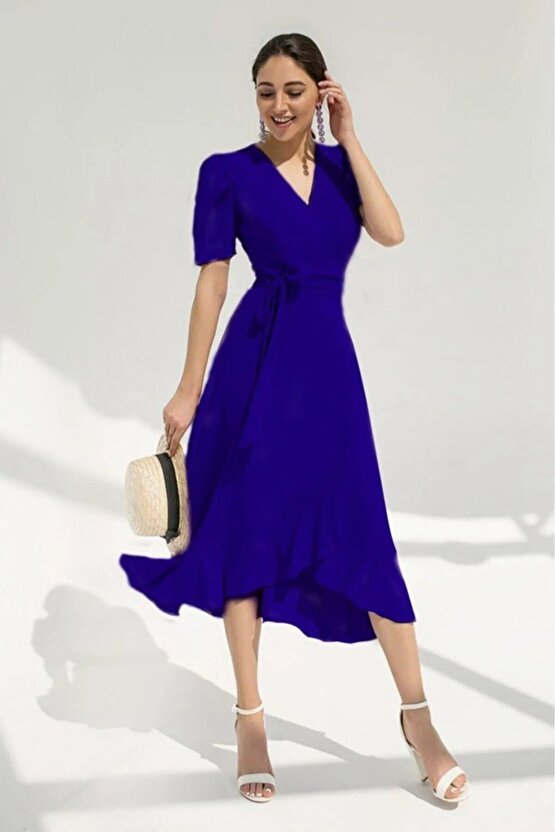 eyesof Kadın Kruvaze Yaka Midi Boy Kuşaklı Krep Elbise 120 Cm