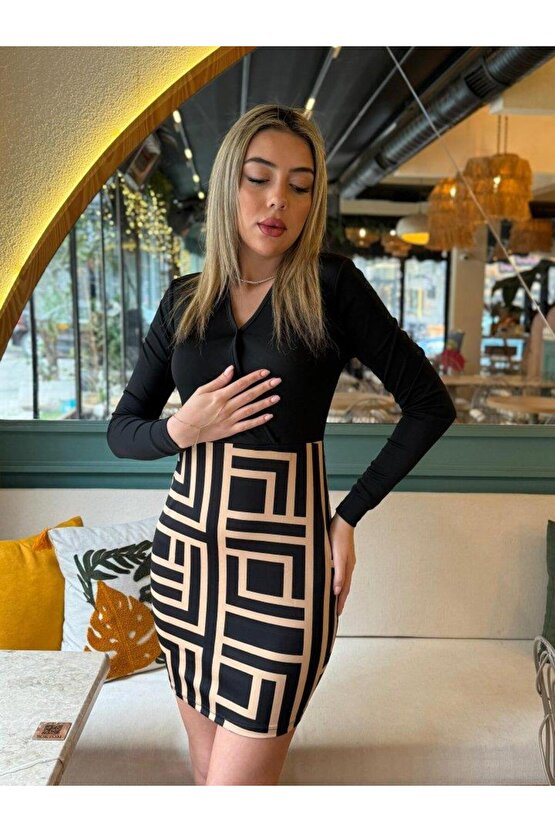 Kadın Uzun Kollu Kruvaze Yaka Labirent Desen Dalgıç Elbise