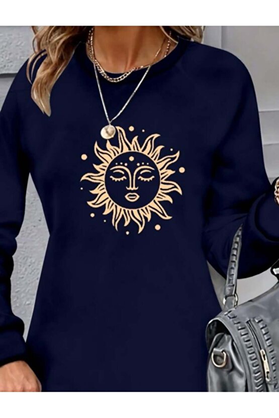 Kadın Uzun Kollu Bisiklet Yaka Güneş Desenli Viskon Iki Iplik Elbise