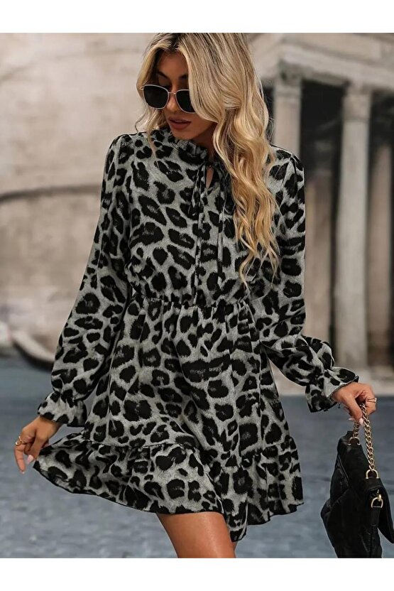 Kadın Uzun Kollu Yakadan Bağlamalı Beli Lastikli şardonlu Dalgıç Elbise