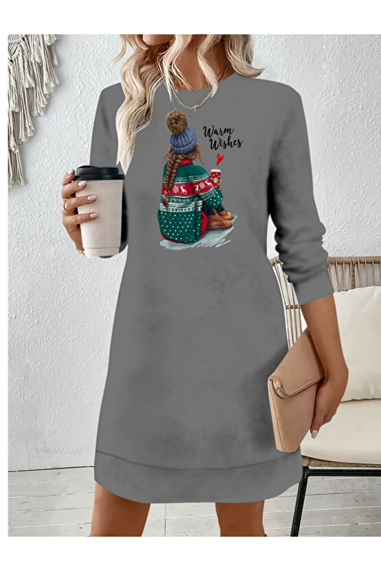 Gökyüzü Moda Kadın Uzun Kollu Bisiklet Yaka Desenli Viskon Iki Iplik Elbise